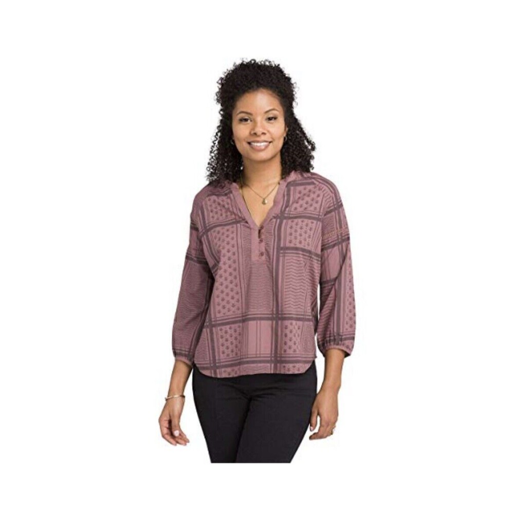 PrAna Elena Top Blouse Size XS Dark Mauve Santa Fe Pink Plaid Henley 3/4 Sleeve